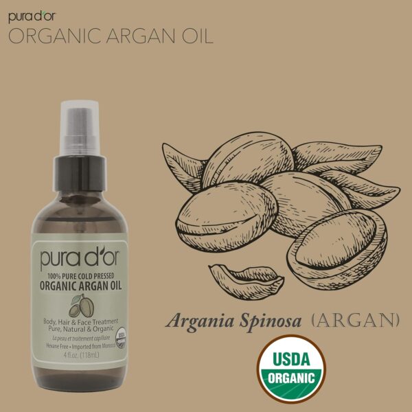 PURA D'OR 4 Oz ORGANIC Moroccan Argan Oil - USDA Certified 100% Pure & Cold Pressed Virgin Premium Grade Natural Moisturizer Treatment For Dry, Damaged Skin, Hair, Face, Body & Scalp - Men & Women