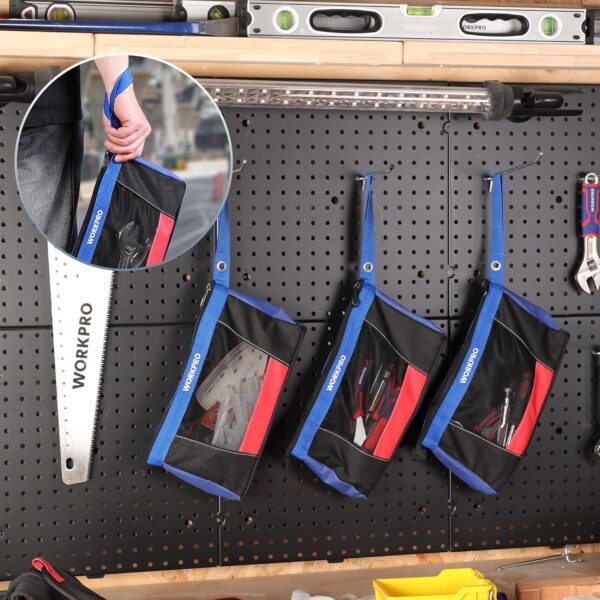 WORKPRO 12" Tool Pouches with Zipper, Heavy-Duty Small Tool Bag, Utility small tool pouch for Tool Organizers and Storage, Mini Tool Bag, 3 Pack