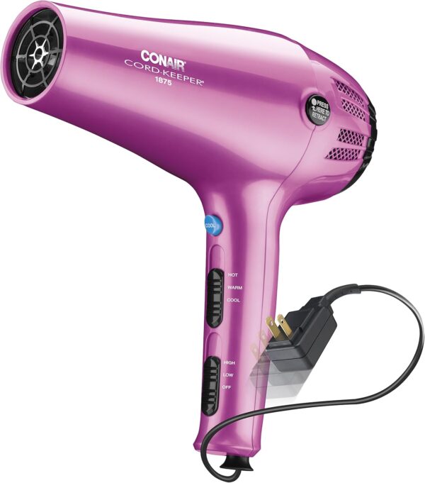 Conair Hair Dryer with Retractable Cord, 1875W Cord-Keeper Blow Dryer,Pink