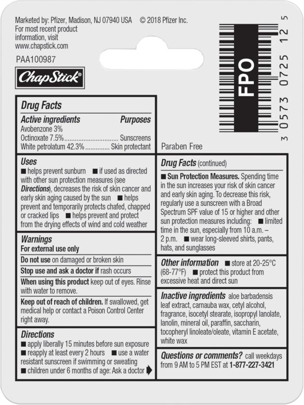 ChapStick Moisturizer Original Lip Balm Tubes, SPF 15 and Skin Protectant - 0.15 Oz (Pack of 12)