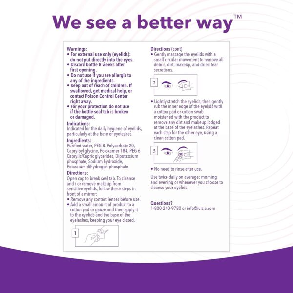 iVIZIA Micellar Eyelid Cleanser for Sensitive Eyelid Cleansing, BAK-Preservative-Free, Rinse-Free, Gently Removes Makeup, 3.3Fl Oz Bottle