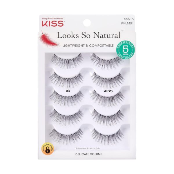 KISS Looks So Natural False Eyelashes Multipack #03, Lightweight & Comfortable, Delicate Volume, Natural-Looking, Tapered End Technology, Reusable, Cruelty-Free, Contact Lens Friendly, 5 Pairs