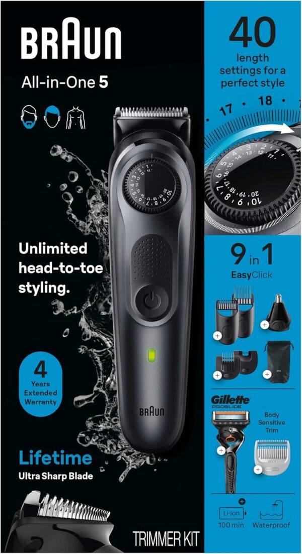 Braun All-in-One Style Kit Series 5 5470, 9-in-1 Trimmer for Men w/Beard Trimmer, Body Trimmer for Manscaping, Gillette Fusion5 ProGlide Razor, 40 Length Settings, Rechargeable Battery, Cordless