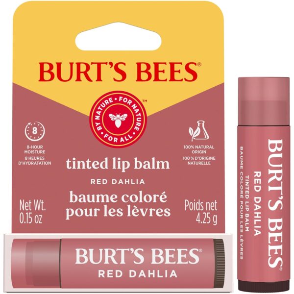 Burt's Bees Lip Tint Balm, Long Lasting 2 in 1 Duo Tinted Balm Formula, Color Infused with Hydrating Shea Butter for a Natural Looking Buildable Finish, Red Dahlia, 1 Tube