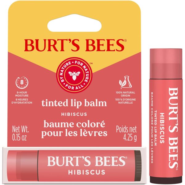 Burt's Bees Lip Tint Balm, Long Lasting 2 in 1 Duo Tinted Balm Formula, Color Infused with Hydrating Shea Butter for a Natural Looking Buildable Finish, Hibiscus, 1 Tube