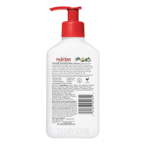 THAYERS Milky Hydrating Face Cleanser with Snow Mushroom, Hyaluronic Acid, Dermatologist Recommended Gentle Facial Wash, Hydrating Skincare for Dry, Sensitive Skin, Paraben Free, 8 FL Oz, Clear