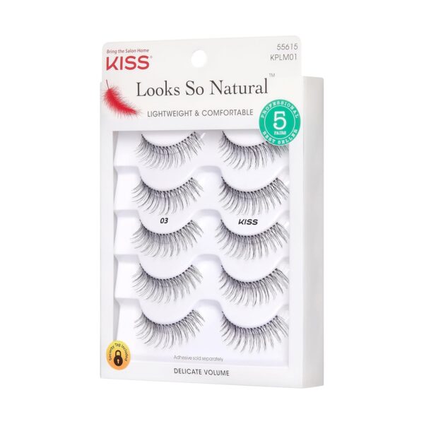 KISS Looks So Natural False Eyelashes Multipack #03, Lightweight & Comfortable, Delicate Volume, Natural-Looking, Tapered End Technology, Reusable, Cruelty-Free, Contact Lens Friendly, 5 Pairs