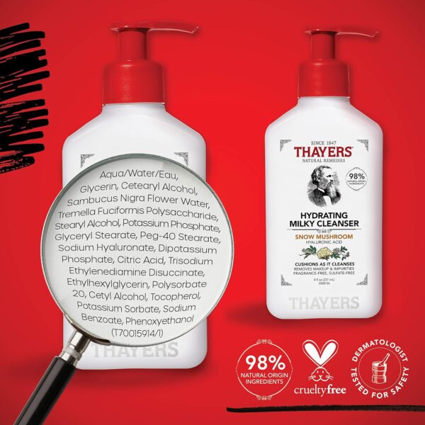 THAYERS Milky Hydrating Face Cleanser with Snow Mushroom, Hyaluronic Acid, Dermatologist Recommended Gentle Facial Wash, Hydrating Skincare for Dry, Sensitive Skin, Paraben Free, 8 FL Oz, Clear