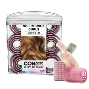 Conair Heatless Curls Hair Roller - 31 Count, Assorted sizes & Colors - Pink, Gray & Purple - Overnight Curl Rollers w/storage case
