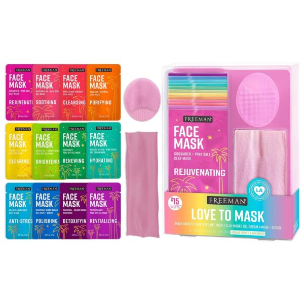 Freeman Facial Love To Mask Variety Pack: Oil Absorbing Clay, Detoxifying Charcoal, Clearing Peel Off, Hydrating Gel Cream, Exfoliating Scrub (14 Piece Kit with Bonus Buffer and Headband)
