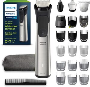 Philips Norelco Multigroom 7000 Series, All-in-One Trimmer, Beard Trimmer and Hair Clipper, 23-Piece Men's Grooming Kit for Beard, Face, Nose, Ear, Body, with Titanium Blades, Travel Pouch, MG7970/49