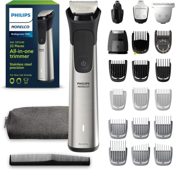 Philips Norelco Multigroom 7000 Series, All-in-One Trimmer, Beard Trimmer and Hair Clipper, 23-Piece Men's Grooming Kit for Beard, Face, Nose, Ear, Body, with Titanium Blades, Travel Pouch, MG7970/49