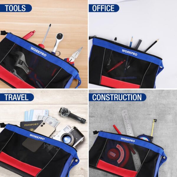 WORKPRO 12" Tool Pouches with Zipper, Heavy-Duty Small Tool Bag, Utility small tool pouch for Tool Organizers and Storage, Mini Tool Bag, 3 Pack