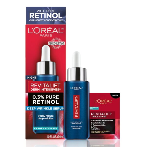 81CyxO2kFXL._SL1500_.jpg L'Oreal Paris Revitalift 0.3% Pure Retinol Night Serum, Reduce Deep Wrinkles, Fragrance Free 1 oz + Moisturizer Sample