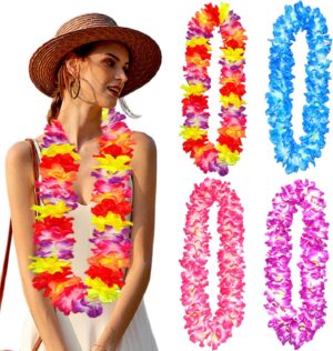 Flower Leis, 4pcs Hawaiian Leis Necklace, Colorful Flower Necklace, Hawaiian Decorations for Theme Party Favors, Garlands