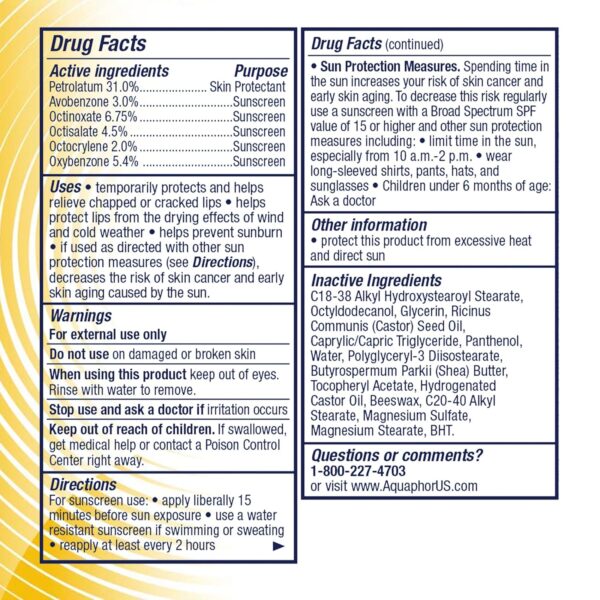 Aquaphor Lip Repair and Protect Stick with Sunscreen, Broad Spectrum SPF 30 Sunscreen Lip Balm, 0.17 Oz Stick, Pack of 4