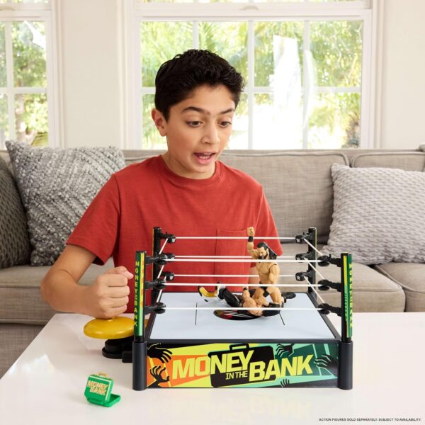 Mattel WWE Money in The Bank Cash-in Ring Playset with 2 Play Modes & 40+ Sounds & Phrases, Includes Launcher Crane, Ladders & Briefcase, 13-Inch x 20-Inch