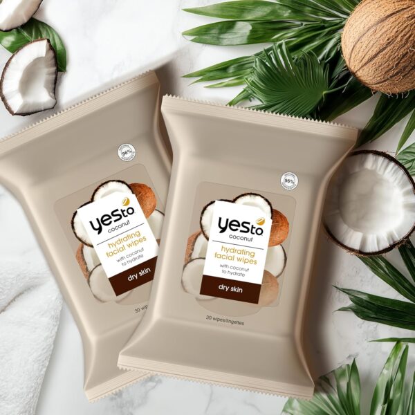 Yes To Face Wipes for Women and Men, Restoring Facial Cleansing Wipes for use as a Make Up Remover, Cleaning, Soothing, Coconut (Pack of 2)