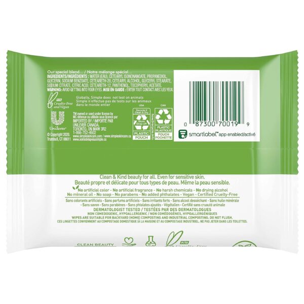 Simple Kind to Skin Facial Cleansing Wipes Cleanser & Makeup Remover Cleansing Removes Waterproof Mascara 7 Wipes