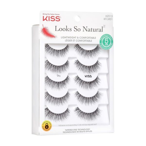 KISS Looks So Natural False Eyelashes Multipack, Lightweight & Comfortable, Tapered End Technology, Reusable, Cruelty-Free, Contact Lens Friendly, Style 'Shy', 5 Pairs Fake Eyelashes
