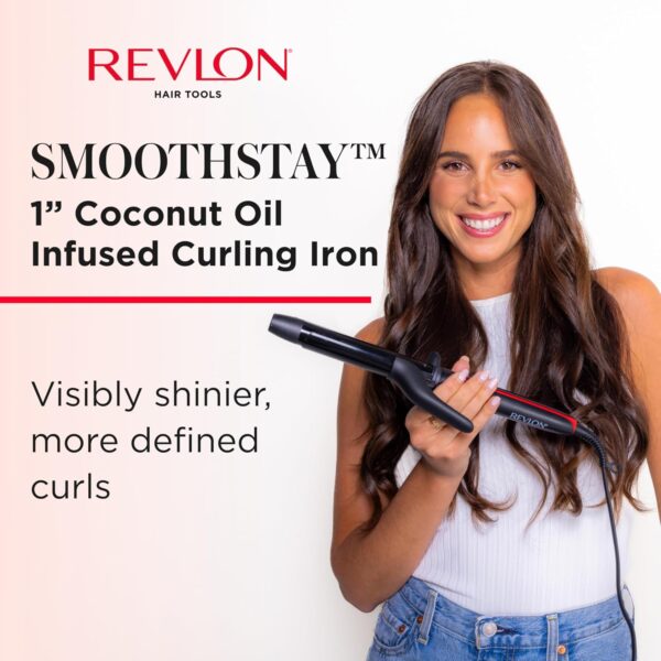 REVLON Smoothstay 1 Inch Curling Iron - Coconut Oil Infused Curling Wand Helps Enhance Shine & Smoothness, Creates Tight Bouncy Curls, and Reduced Frizz