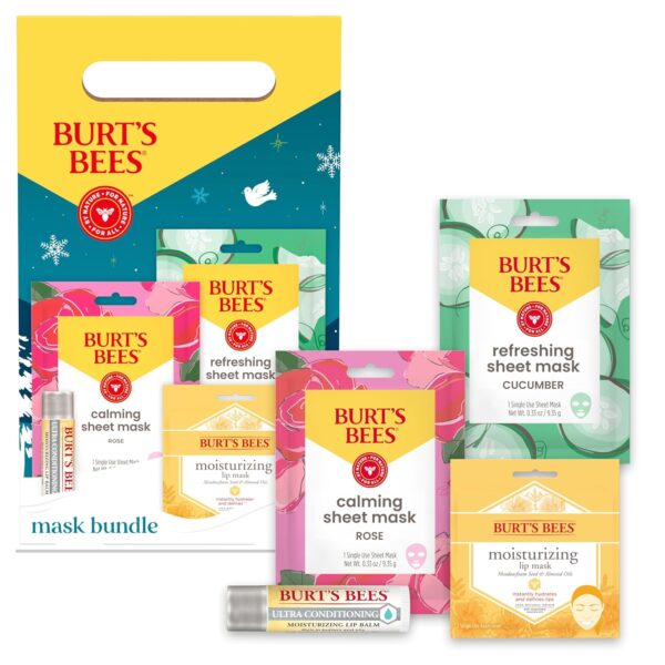 Burt’s Bees Mask Bundle Gift Set; , Ultra Conditioning Lip Balm and Moisturizing Lip, Refreshing Sheet and Calming Sheet Masks; Festive Packaging; 1 Gift Set