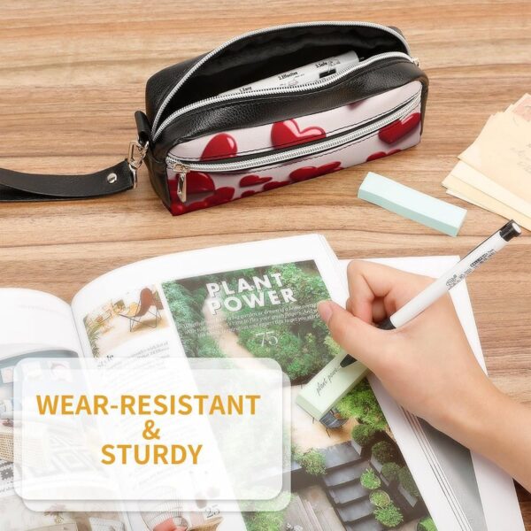 Red Hearts Pencil Case Large Capacity Leather Pencil Pouch with Zipper, Portable Small Makeup Bag, Office Supplies Organizer for Women Men