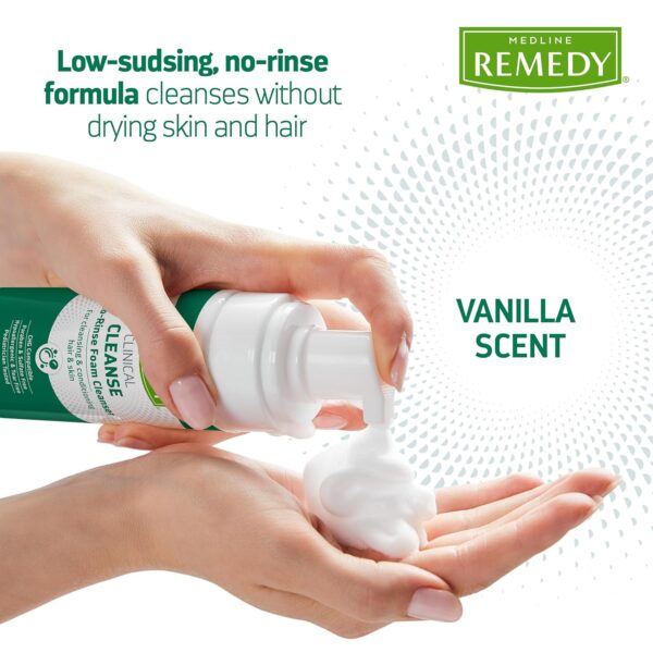 Medline Remedy Clinical No-Rinse Foam Cleanser, Vanilla Scent (8 fl oz), No Rinse Shampoo and Body Cleanser for Sensitive Skin, Hydrating, Paraben and Sulfate Free, For Face, Body, and Hair, All Ages