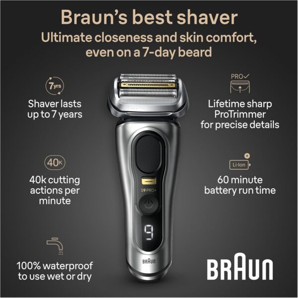 Braun Series 9 9517s PRO+ Electric Razor for Men, 5 Pro Shave Elements & Precision Long Hair ProTrimmer, Charging Stand, Braun’s Best for Smooth Skin, Wet & Dry Electric Razor with 60min Runtime