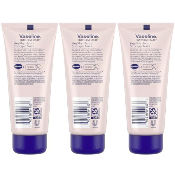 Vaseline Lotion, Healthy Hands Stronger Nails with Keratin 3-Pack – Intensive Care Hand Lotion with Petroleum Jelly, 3.4 Oz Ea