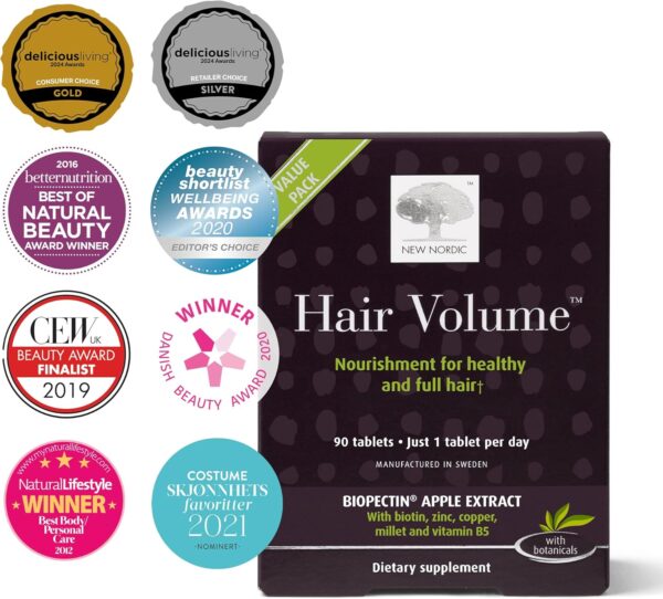 NEW NORDIC Hair Volume Tablets, 3000 mcg Biotin & Biopectin Apple Extract, Hair Vitamins to Support Natural Hair Growth, 90 Count (Pack of 1)