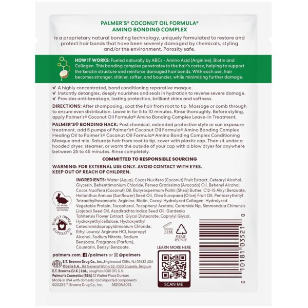 Palmer's Amino Bonding Complex Hair Mask, Intense Conditioning Masque Pack with Coconut Oil & Vitamin E, Heat Protectant, Anti Frizz, Adds Shine, Protects Hair Growth, All Hair Types, 2.1 oz packette