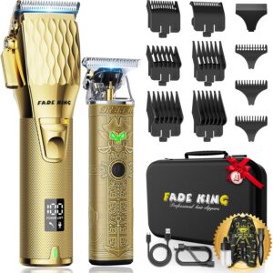 FADEKING® Professional Hair Clippers for Men - Cordless Hair Clippers, LCD Display Barber Clippers for Hair Cutting & Mens Grooming with Travel Case (Gold+Bronze)