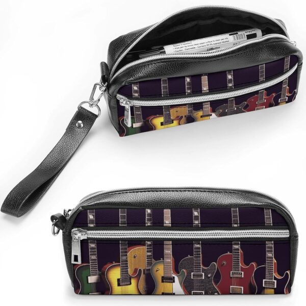 Guitar Collection Pencil Case Large Capacity Leather Pencil Pouch with Zipper, Portable Small Makeup Bag, Office Supplies Organizer for Women Men