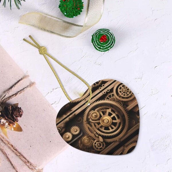 Christmas Ceramic Heart Pendant Decoration for Tree Hanging in Festive Season Gold Mechanical Gear Prints