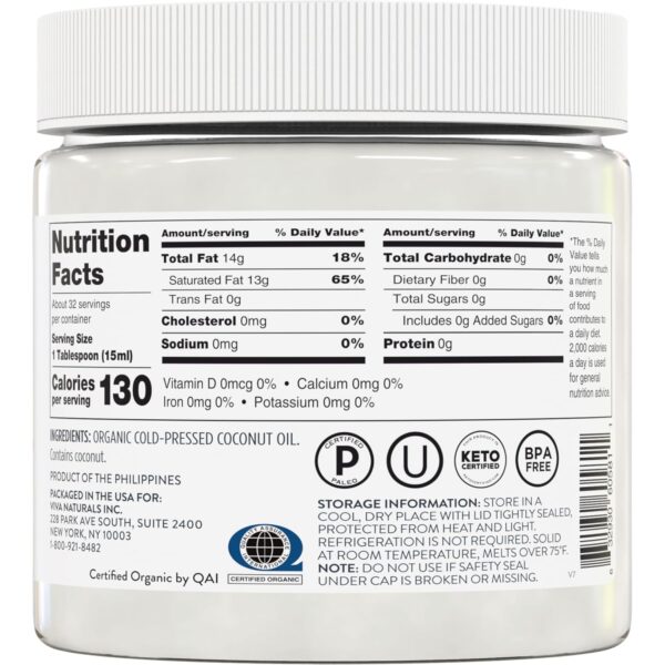 Viva Naturals Organic Coconut Oil - Unrefined, Cold-Pressed Extra Virgin Coconut Oil, USDA Organic and Non-GMO Cooking Oil, Great as Hair Oil and Skin Oil, 16 fl oz
