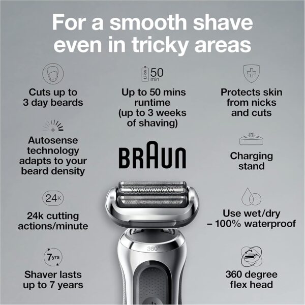 Braun Series 7 7032cs Flex Electric Razor for Men, Wet & Dry, Electric Razor, Rechargeable, Cordless Foil Shaver with Beard Trimmer and Charging Stand, Silver