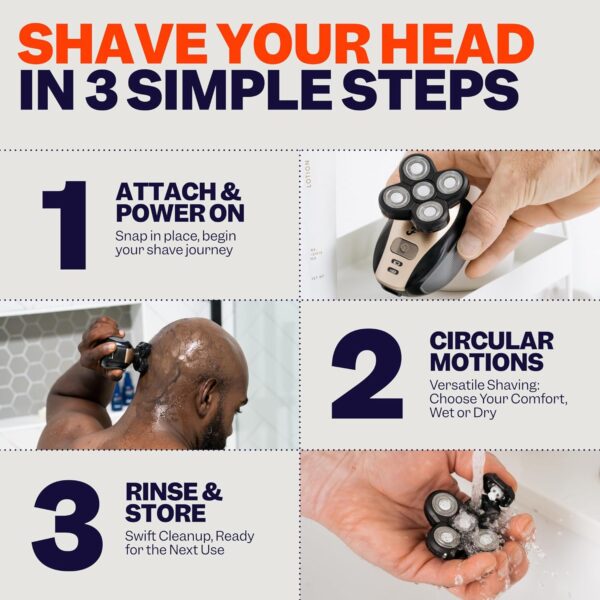 FlexSeries Electric Head & Body Hair Shaver - Mens Cordless Rechargeable Wet/Dry Skull Bald Head Back & Groin Waterproof Razor with Rotary Blades, Clippers, Nose Trimmer, Brush, Massager