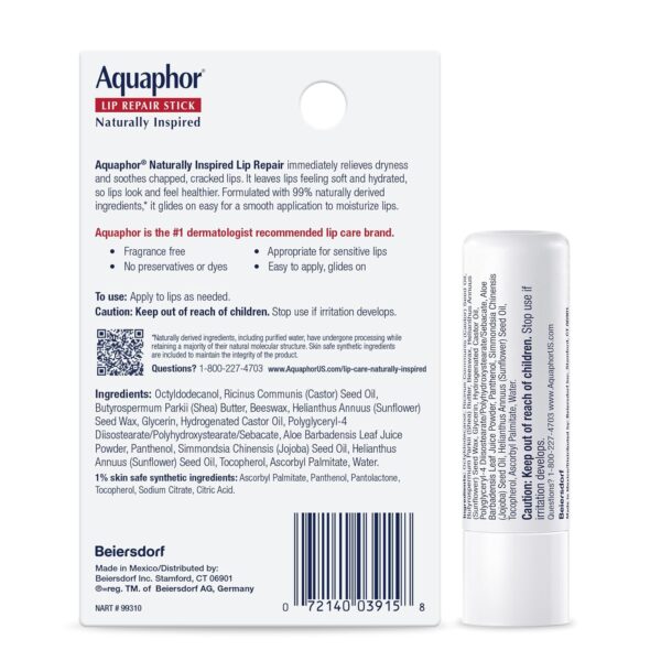 Aquaphor Naturally Inspired Lip Repair Stick with Aloe Vera and Natural Shea Butter, Hydrating Lip Balm Immediately Relieves Dryness, 0.17 Oz Stick
