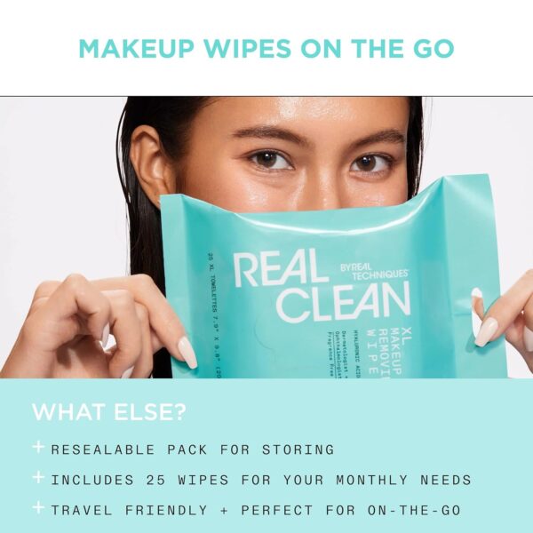 Real Techniques Real Clean XL Hydrating Facial Wipes, Infused With Hyaluronic Acid, Dual-Usage Cleansing Wipes Repair Skin & Gently Remove Makeup, Fragrance Free, 25 Count