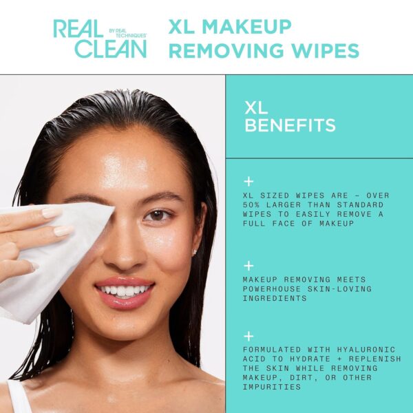 Real Techniques Real Clean XL Hydrating Facial Wipes, Infused With Hyaluronic Acid, Dual-Usage Cleansing Wipes Repair Skin & Gently Remove Makeup, Fragrance Free, 25 Count