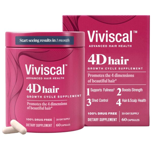 Viviscal 4D Hair Growth Cycle Supplements for Women for Full, Strong, and Healthy Hair; Made with Keratin, Vitamin A, Biotin, Zinc, 30 Day Supply, 60 Count