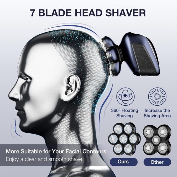 Head Shaver 7D, Wyklaus Upgrade Head Shavers for Bald Men, Head Electric Razor with Nose Hair Trimmer, IPX6 Waterproof Wet/Dry Mens Grooming Kit, Anti-Pinch, LED Display, USB Rechargeable