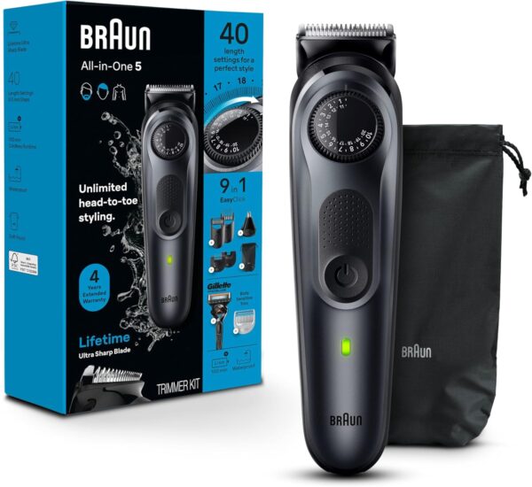 Braun All-in-One Style Kit Series 5 5470, 9-in-1 Trimmer for Men w/Beard Trimmer, Body Trimmer for Manscaping, Gillette Fusion5 ProGlide Razor, 40 Length Settings, Rechargeable Battery, Cordless