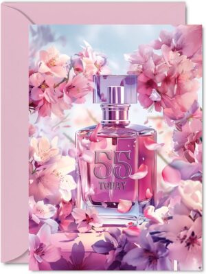 55th Birthday Card for Women - Fabulous Floral Perfume Bottle - Happy Birthday Cards for 55 Year Old Woman, 5x7 Inch Female Bday Greeting Cards