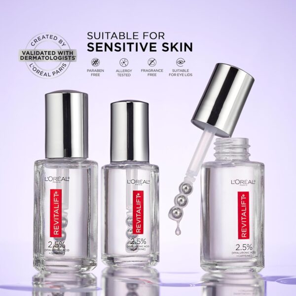 L'Oreal Paris Revitalift Hyaluronic Acid + Caffeine Hydrating Eye Serum for Dark Circles, Fragrance Free .67 fl. oz + Moisturizer Sample
