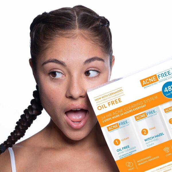 Acne Free 3 Step 24 Hour Acne Treatment Kit - Clearing System W Oil Free Acne Cleanser, Witch Hazel Toner, & Oil Free Acne Lotion - Acne Solution W/ Benzoyl Peroxide for Teens and Adults - Original