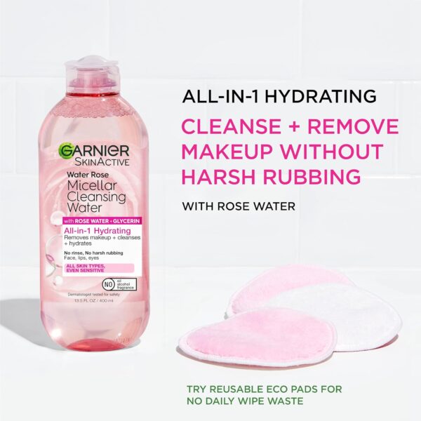 Garnier Micellar Water with Rose Water and Glycerin, Hydrating Facial Cleanser & Makeup Remover, For All Skin Types, Vegan, Cruelty Free, 13.5 Fl Oz (400mL), 1 Count