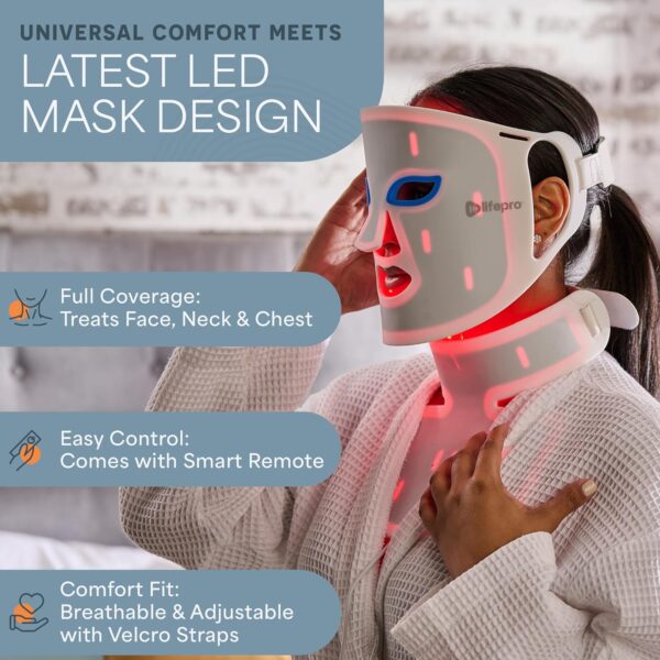 Lifepro Red Light Therapy Face Mask - LED Light Therapy Mask with 3 Colors for Face and Neck - Portable Skin Care Device for at-Home Facials