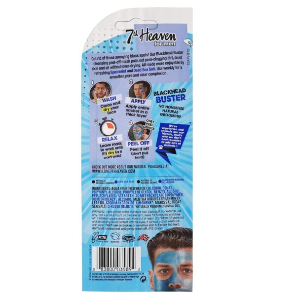 7th Heaven Blackhead Buster Peel-Off Face Mask, Men's Deep Pore Detoxifying Mask, 3-Pack of 0.3 Fl Oz each, Blue, 3 Sachets